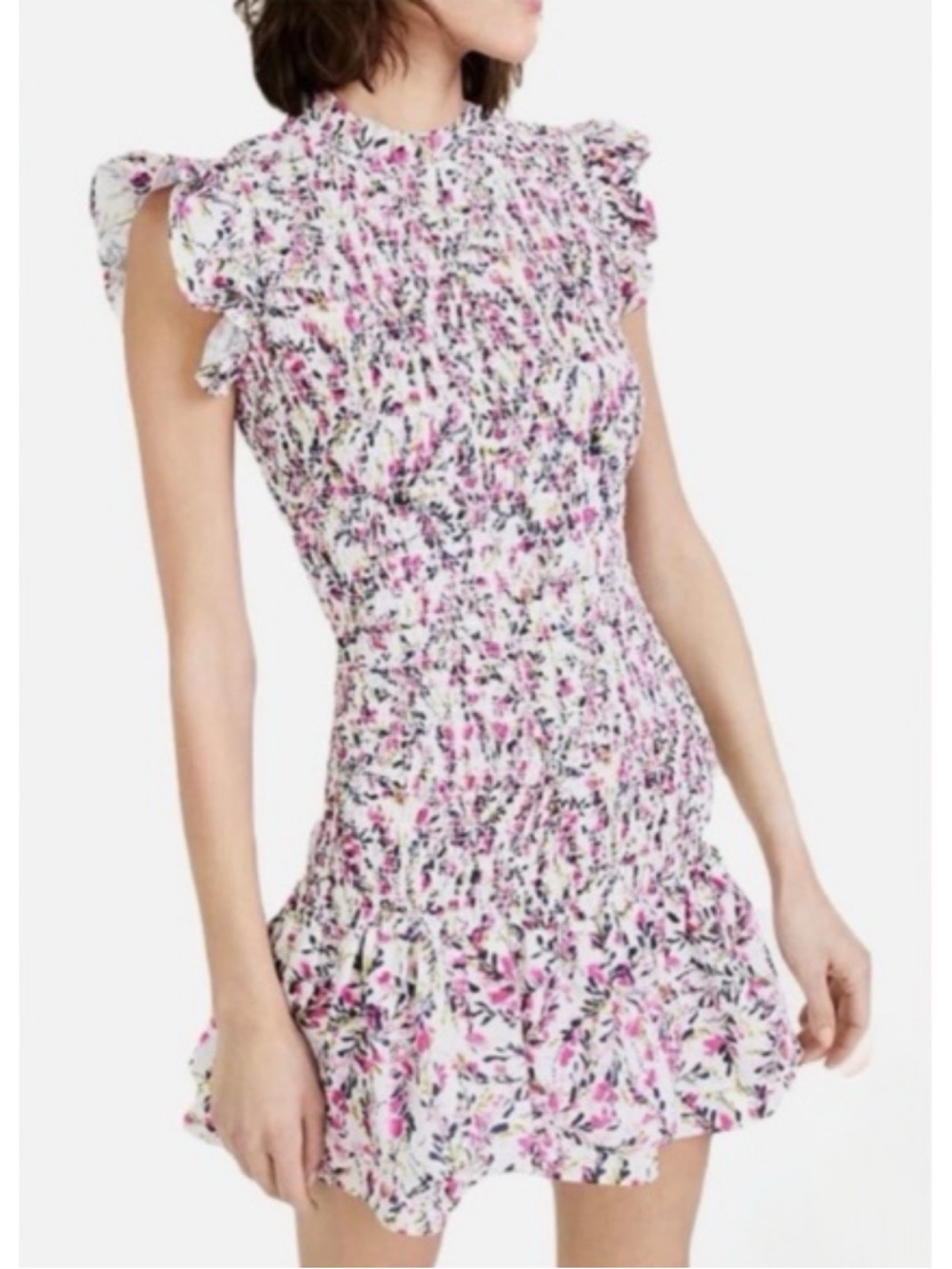 French Connection Elao Verona Printed Smocked Ruffle Dress in Pink - Picture 4 of 8
